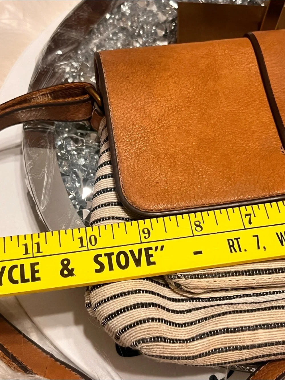 Fossil Tan & Cream Leather  with Striped Canvas Pocket crossbody bag